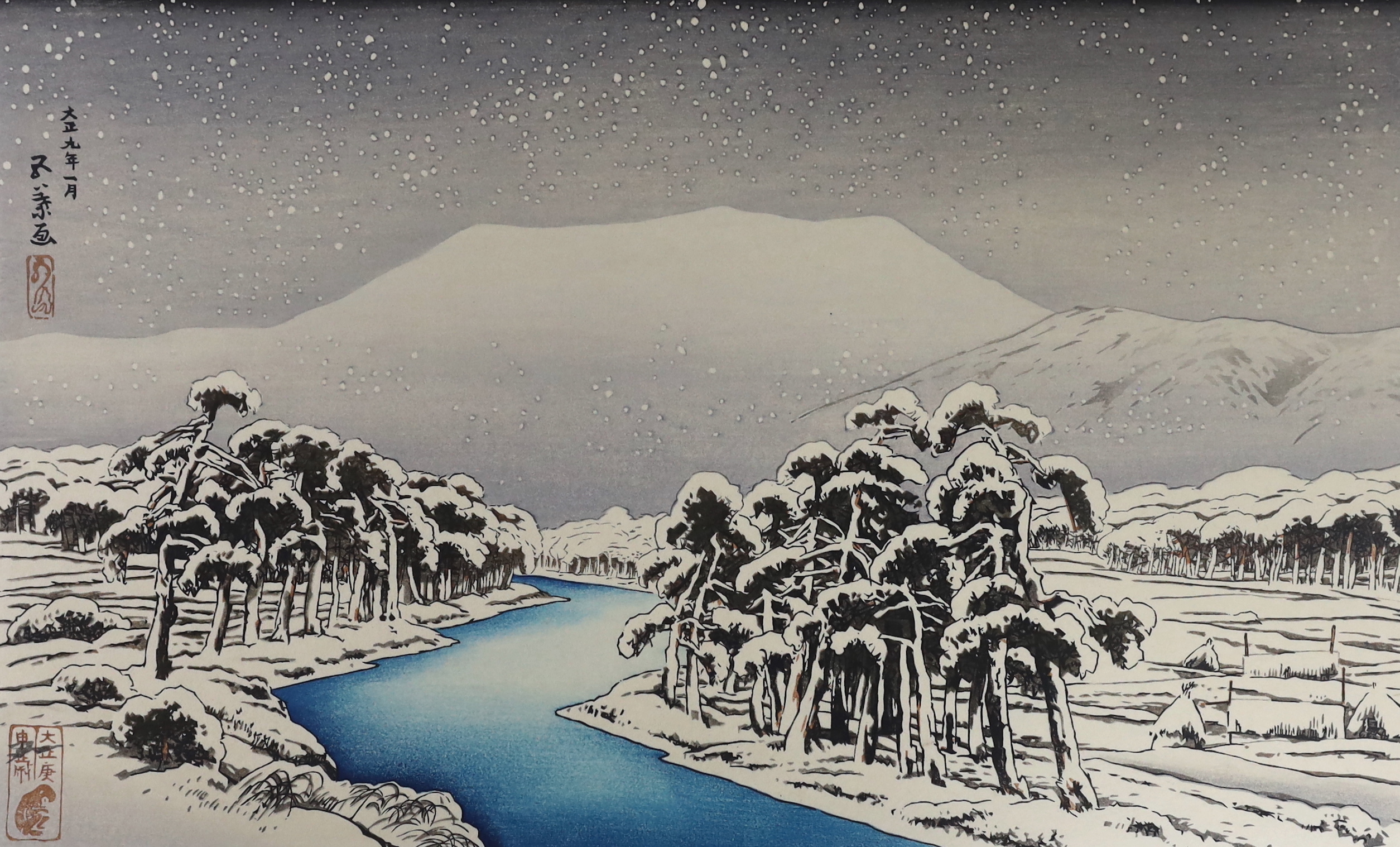 Hashiguchi Goyo (1880-1921), woodblock print, Snowy River, 1920, unframed, 53cm x 38cm